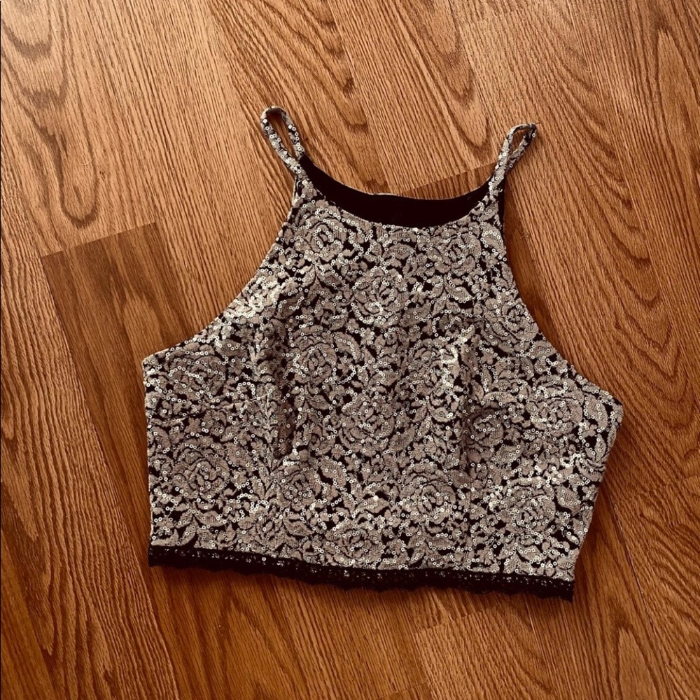 High Neck Floral Sequin Crop Top